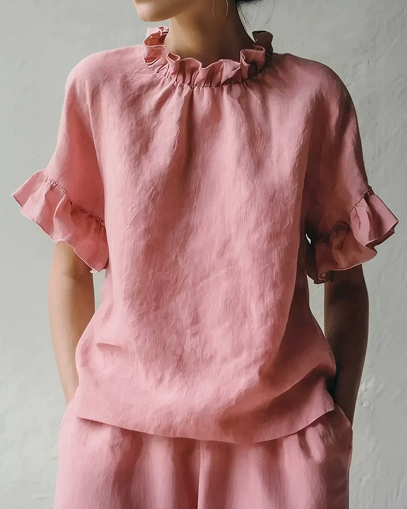 Curvvvy™ Ruffle Trim Loose Fit Linen Blouse
