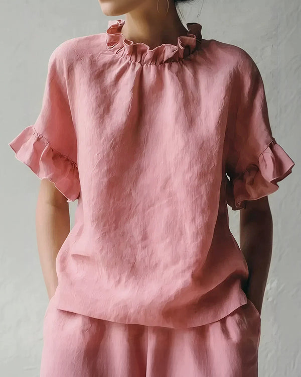 Curvvvy™ Ruffle Trim Loose Fit Linen Blouse