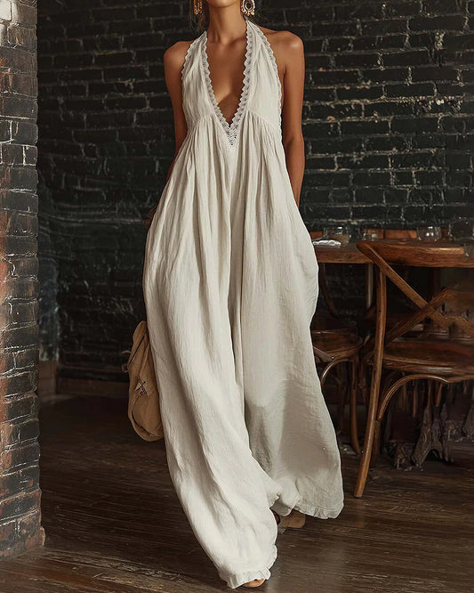 Curvvvy™ Boho Breeze Lace Trim Halter Wide Leg Jumpsuit