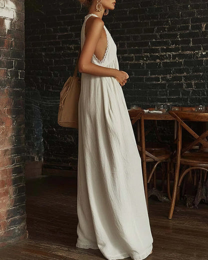 Curvvvy™ Boho Breeze Lace Trim Halter Wide Leg Jumpsuit