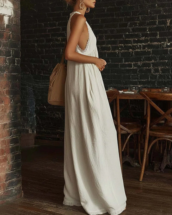 Curvvvy™ Boho Breeze Lace Trim Halter Wide Leg Jumpsuit