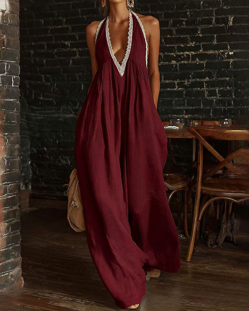 Curvvvy™ Boho Breeze Lace Trim Halter Wide Leg Jumpsuit