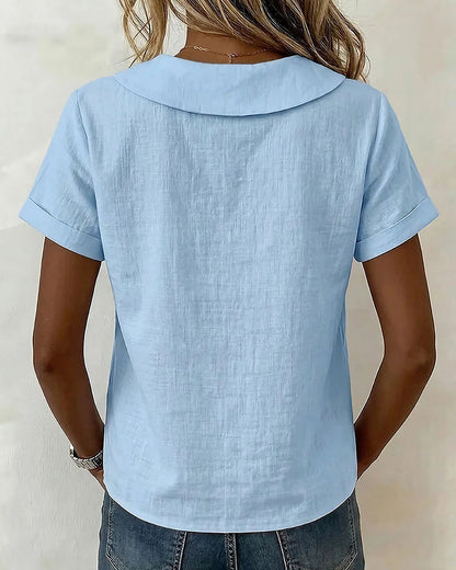 Curvvvy™ Casual Peter Pan Collar Short Sleeve Linen Button Down Shirt
