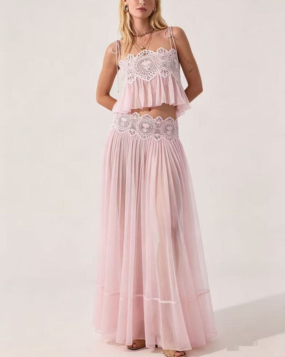 Curvvvy™ Slim Fit Ruffle Trim Open-Back Chiffon Set