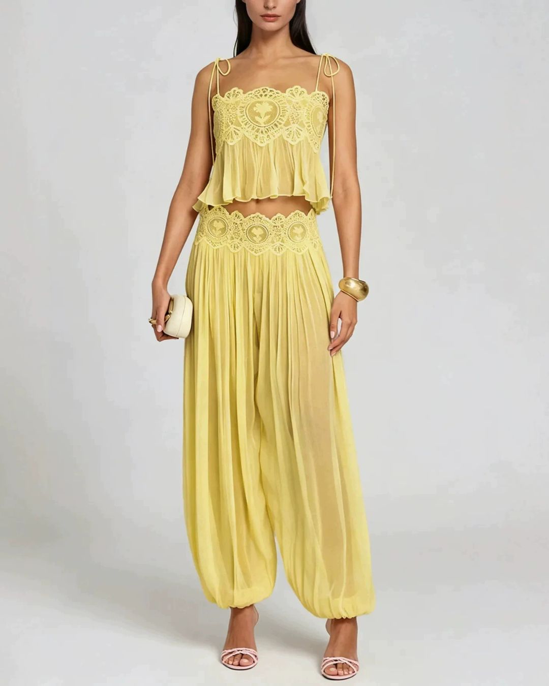Curvvvy™ Slim Fit Ruffle Trim Open-Back Chiffon Set