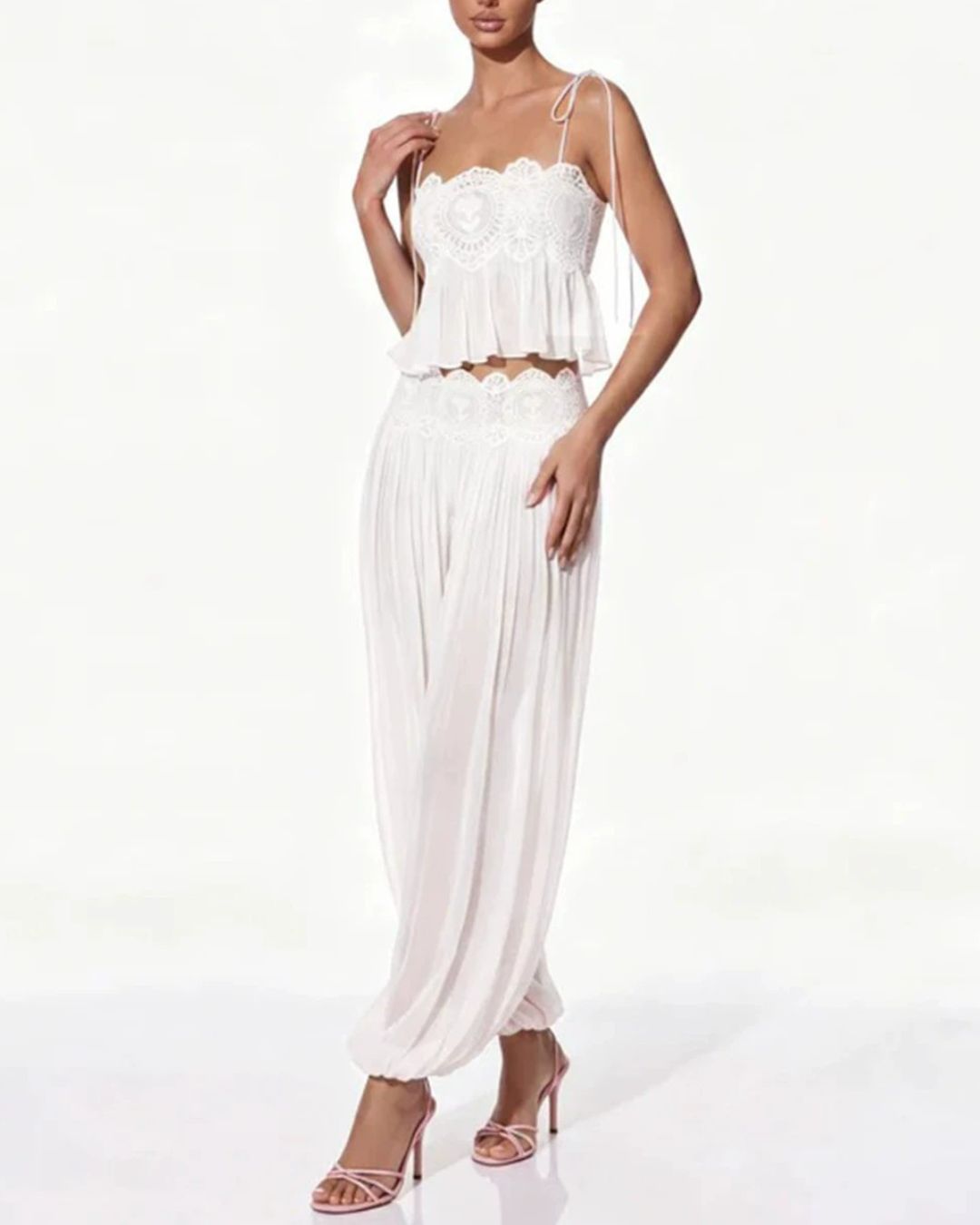 Curvvvy™ Slim Fit Ruffle Trim Open-Back Chiffon Set