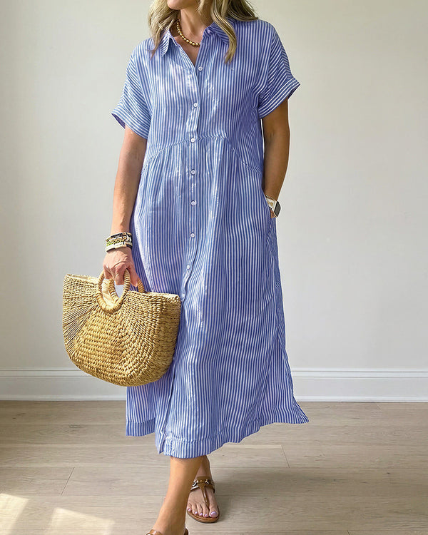 Curvvvy™ Casual Striped Short Sleeve Cotton Linen Shirt Midi Dress