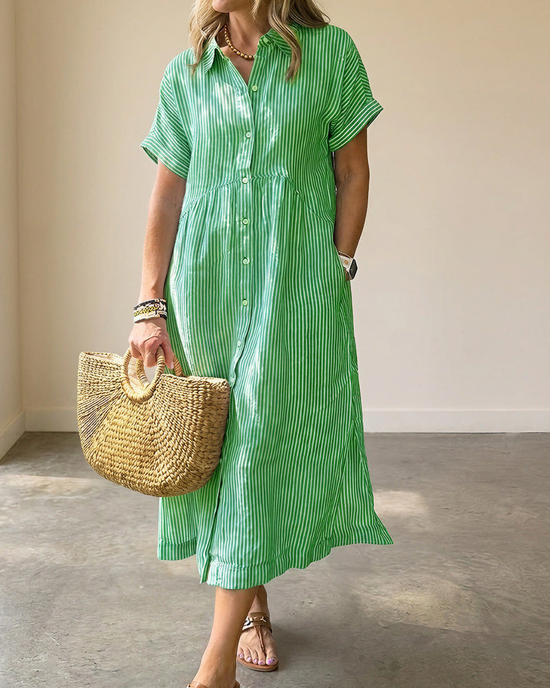 Curvvvy™ Casual Striped Short Sleeve Cotton Linen Shirt Midi Dress