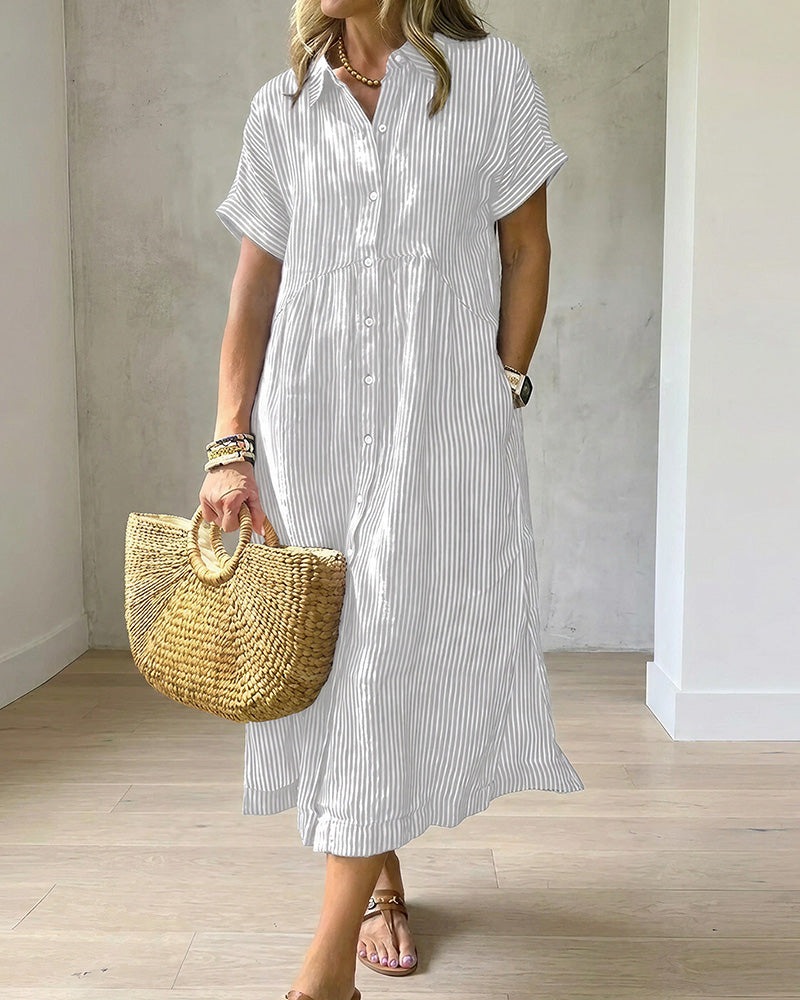 Curvvvy™ Casual Striped Short Sleeve Cotton Linen Shirt Midi Dress