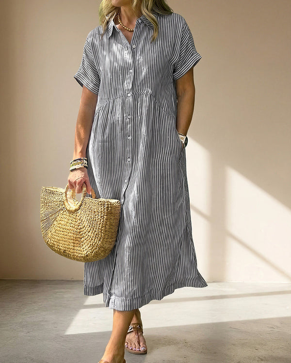 Curvvvy™ Casual Striped Short Sleeve Cotton Linen Shirt Midi Dress
