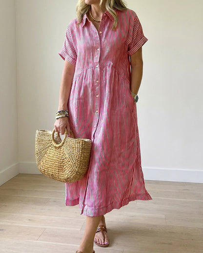 Curvvvy™ Casual Striped Short Sleeve Cotton Linen Shirt Midi Dress