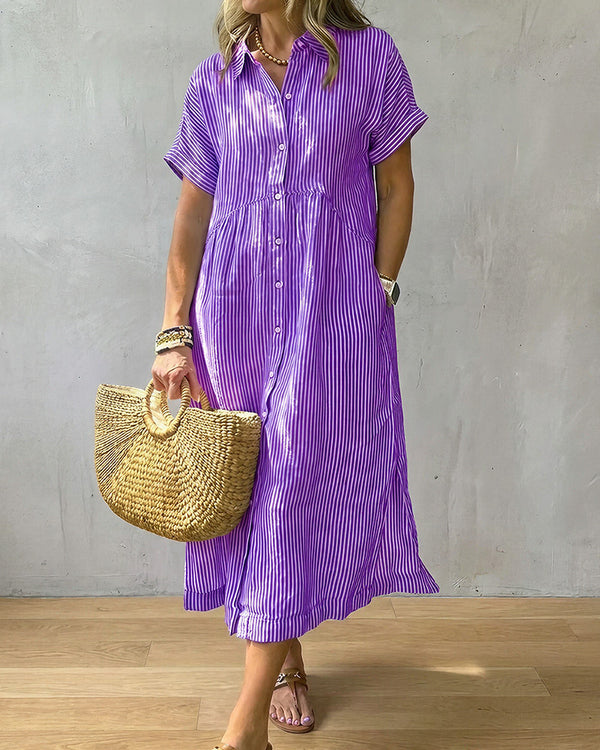 Curvvvy™ Casual Striped Short Sleeve Cotton Linen Shirt Midi Dress
