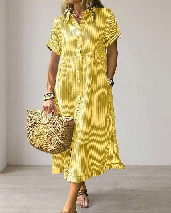 Curvvvy™ Casual Striped Short Sleeve Cotton Linen Shirt Midi Dress