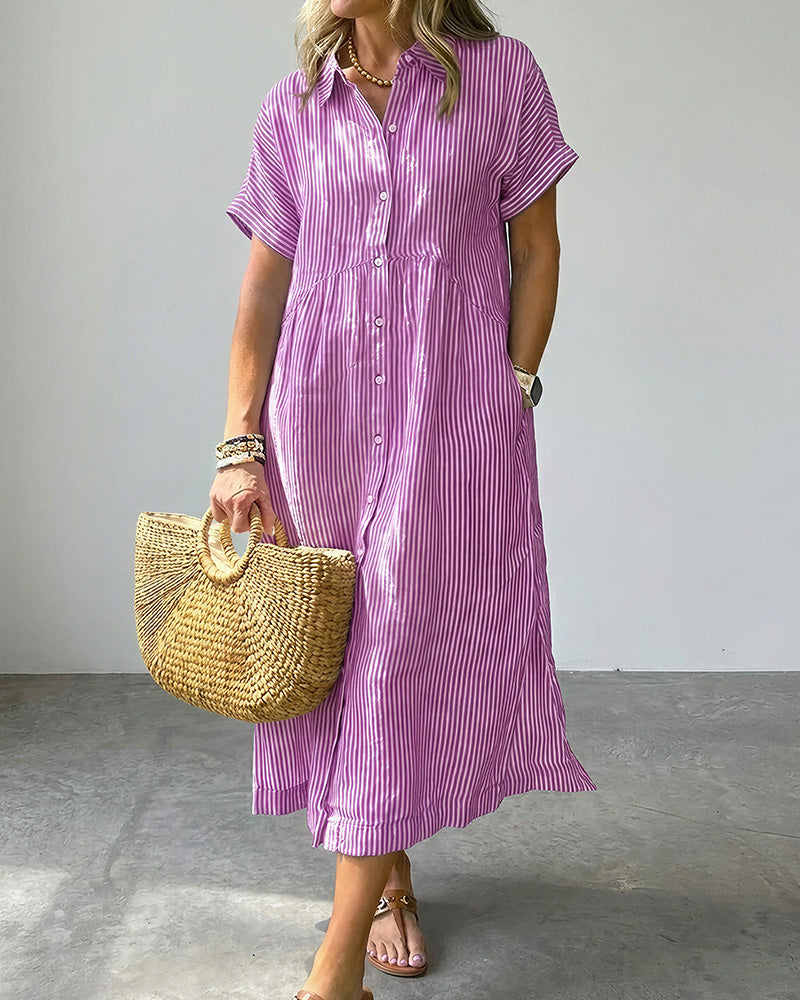 Curvvvy™ Casual Striped Short Sleeve Cotton Linen Shirt Midi Dress