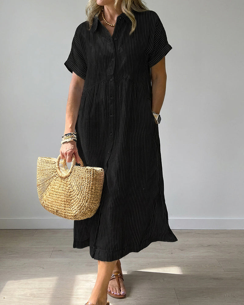 Curvvvy™ Casual Striped Short Sleeve Cotton Linen Shirt Midi Dress