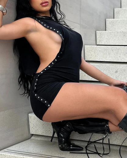 Curvvvy™ Edgy Studded Side-Cutout Sleeveless Mini Dress
