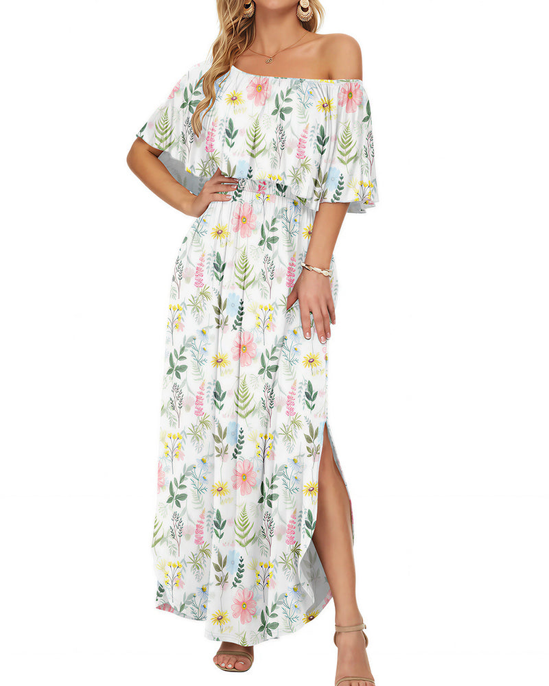 Curvvvy™ Floral Off-Shoulder Maxi Dress Ruffle Short Sleeve Split Long Dress