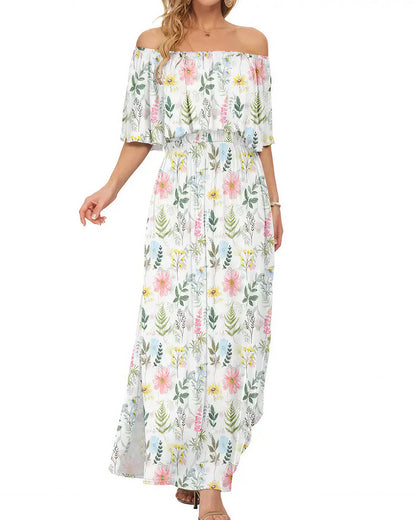 Curvvvy™ Floral Off-Shoulder Maxi Dress Ruffle Short Sleeve Split Long Dress