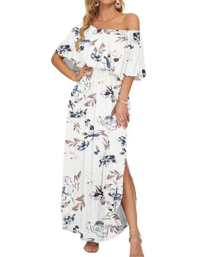 Curvvvy™ Floral Off-Shoulder Maxi Dress Ruffle Short Sleeve Split Long Dress