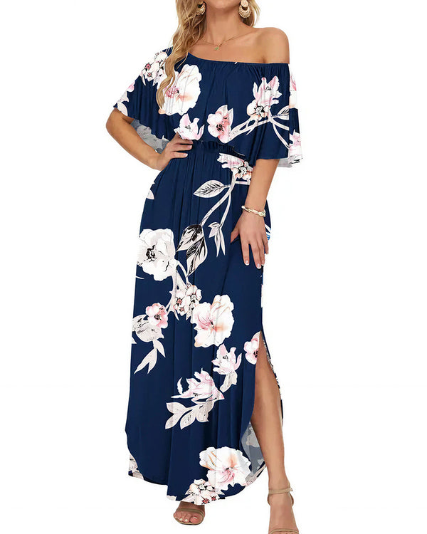 Curvvvy™ Floral Off-Shoulder Maxi Dress Ruffle Short Sleeve Split Long Dress