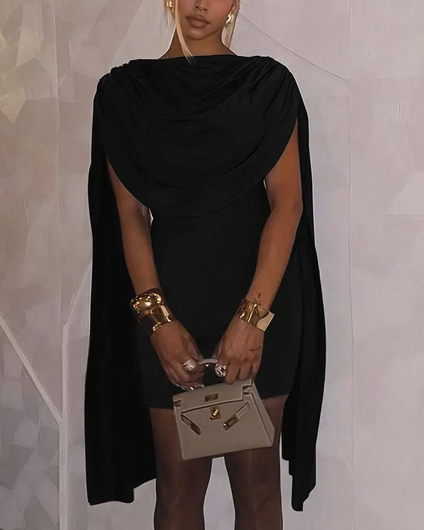 Curvvvy™ Cowl Neck Cape Mini Dress Sleeveless Slim Fit Party Dress