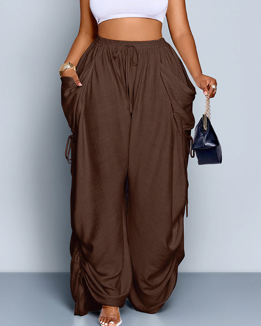 Curvvvy™ High Waisted Drawstring Wide Leg Linen Blend Casual Pants