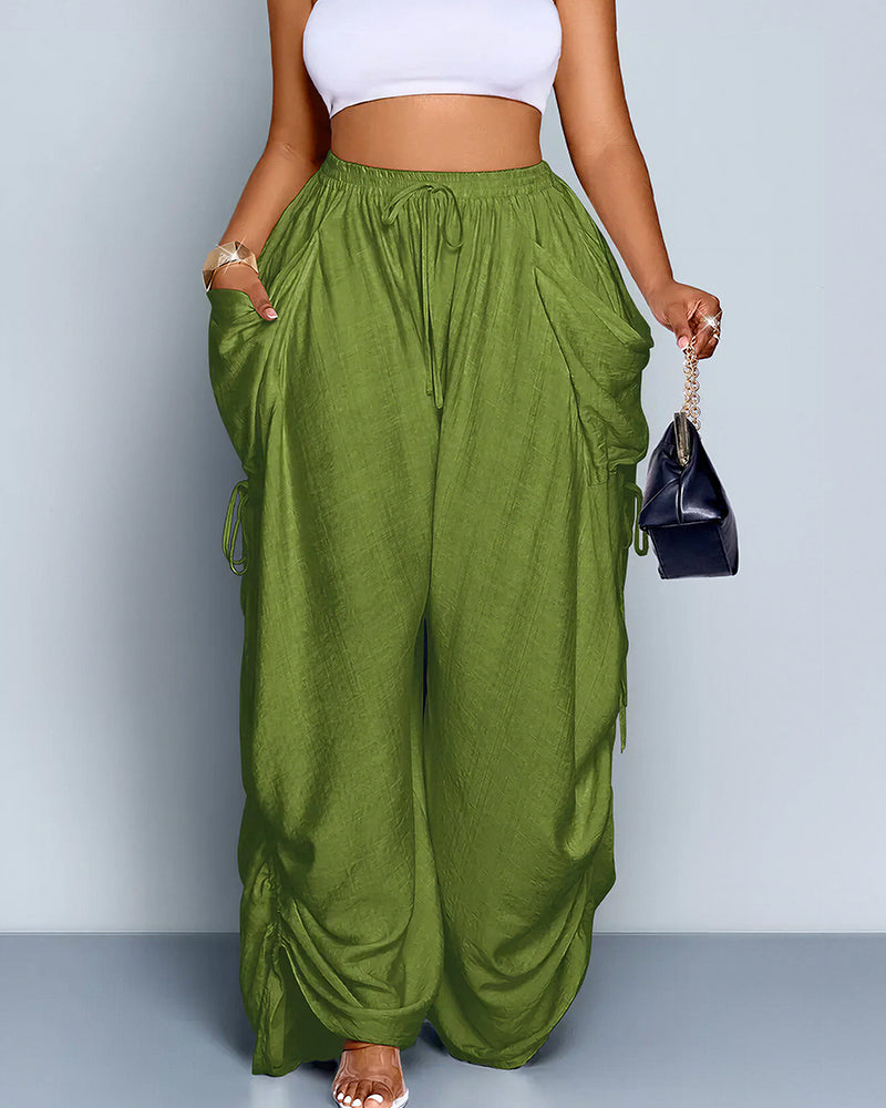 Curvvvy™ High Waisted Drawstring Wide Leg Linen Blend Casual Pants