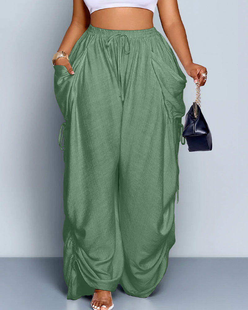 Curvvvy™ High Waisted Drawstring Wide Leg Linen Blend Casual Pants