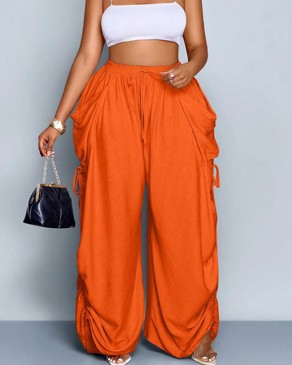 Curvvvy™ High Waisted Drawstring Wide Leg Linen Blend Casual Pants