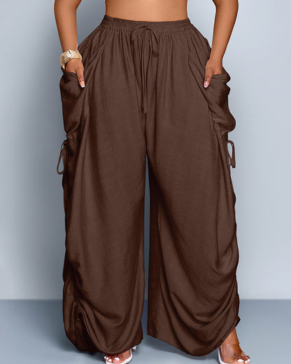 Curvvvy™ High Waisted Drawstring Wide Leg Linen Blend Casual Pants