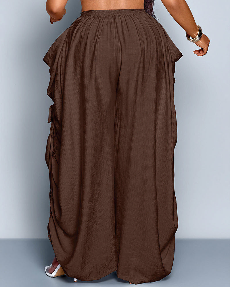 Curvvvy™ High Waisted Drawstring Wide Leg Linen Blend Casual Pants