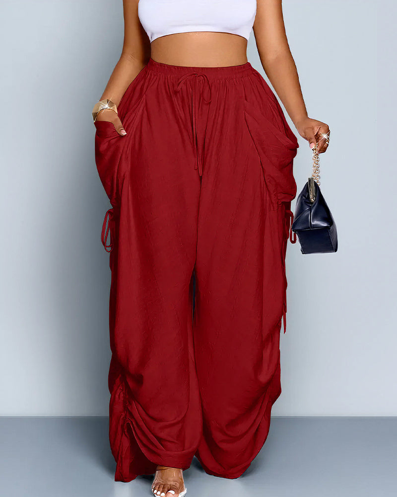 Curvvvy™ High Waisted Drawstring Wide Leg Linen Blend Casual Pants