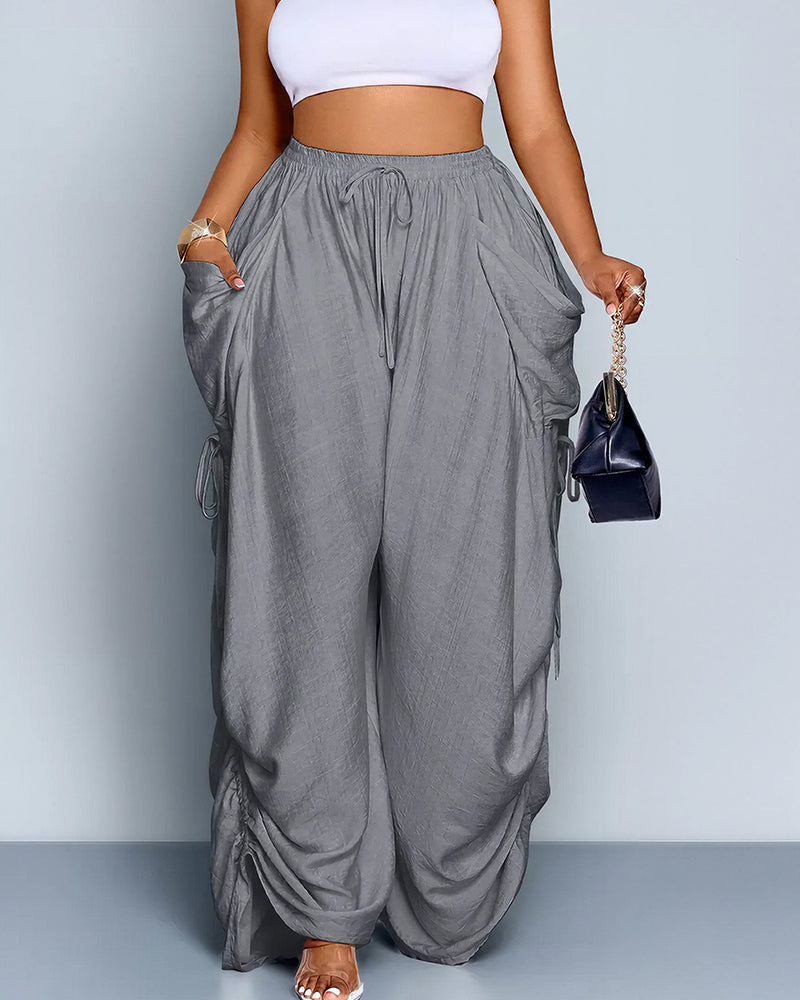 Curvvvy™ High Waisted Drawstring Wide Leg Linen Blend Casual Pants