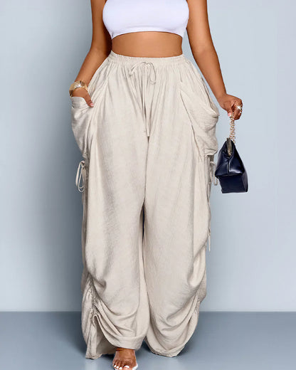 Curvvvy™ High Waisted Drawstring Wide Leg Linen Blend Casual Pants