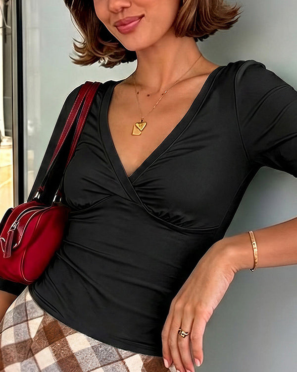 Curvvvy™ Deep V-Neck Ruched 3/4 Sleeve Slim Fit T-Shirt
