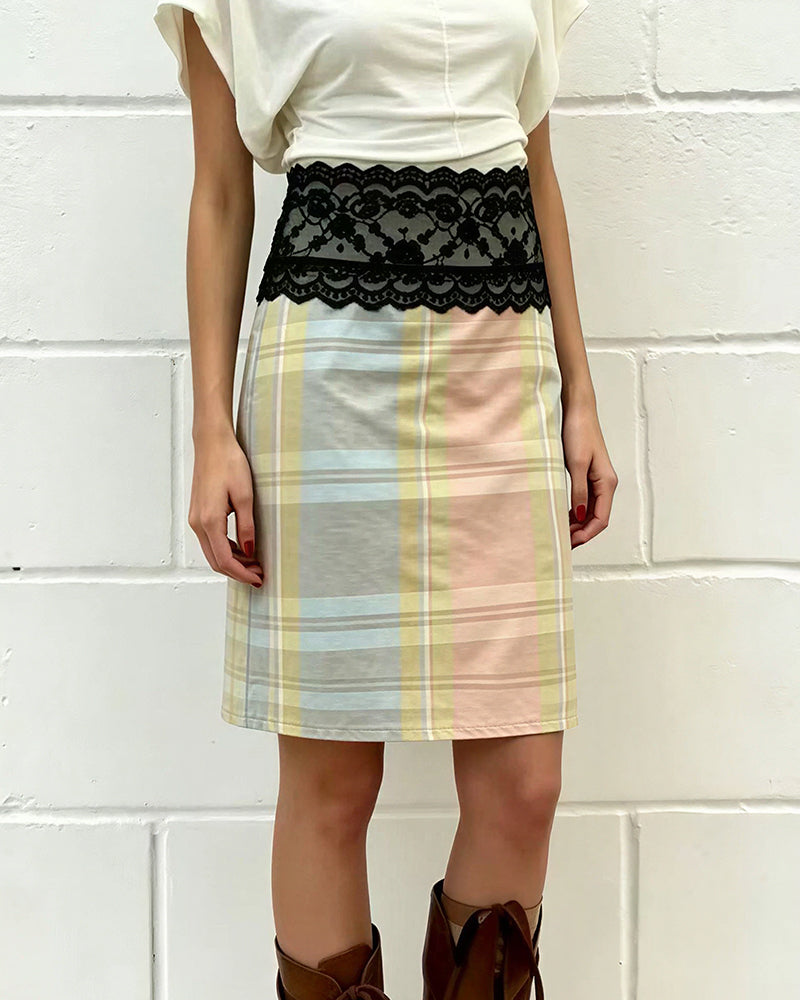 Curvvvy™ Gonna Midi Vintage con Bordo in Pizzo Effetto Sovrapposto
