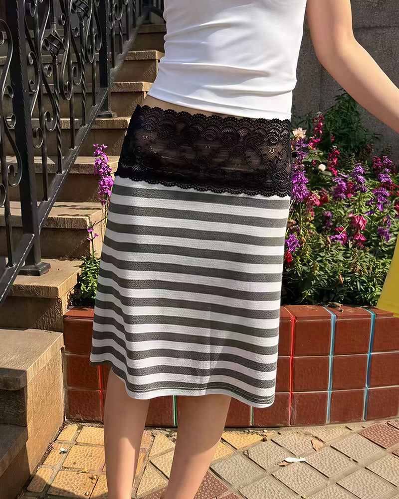 Curvvvy™ Gonna Midi Vintage con Bordo in Pizzo Effetto Sovrapposto