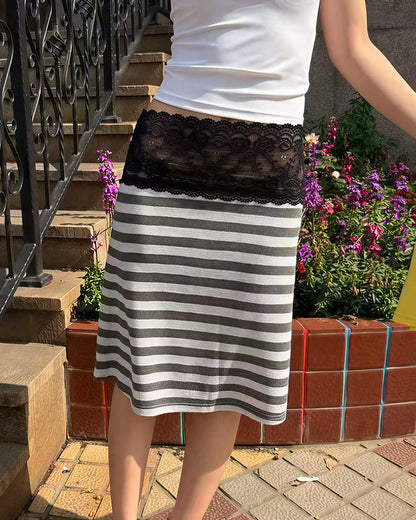 Curvvvy™ Gonna Midi Vintage con Bordo in Pizzo Effetto Sovrapposto