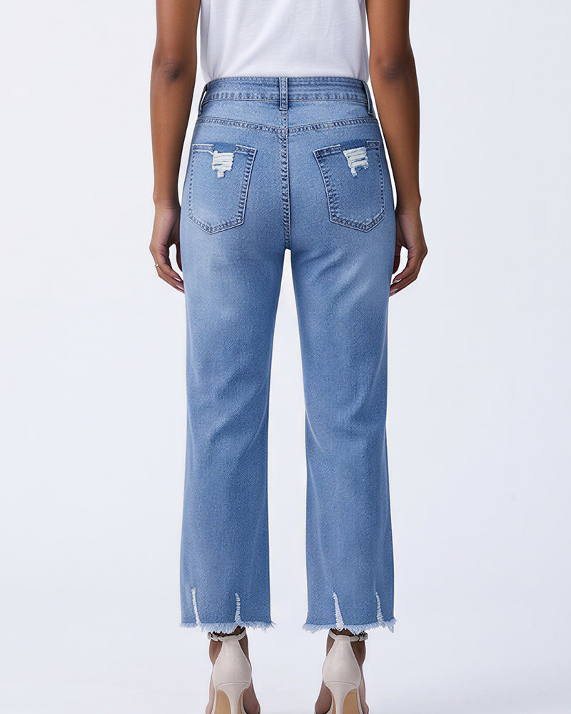 Curvvvy™ Distressed Cropped Jeans With Raw Hem