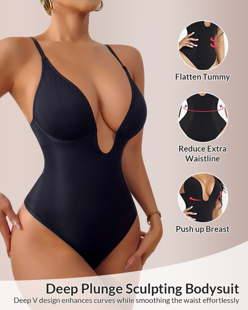 Curvvvy™ Deep Plunge Backless Thong Bodysuit Shapewear