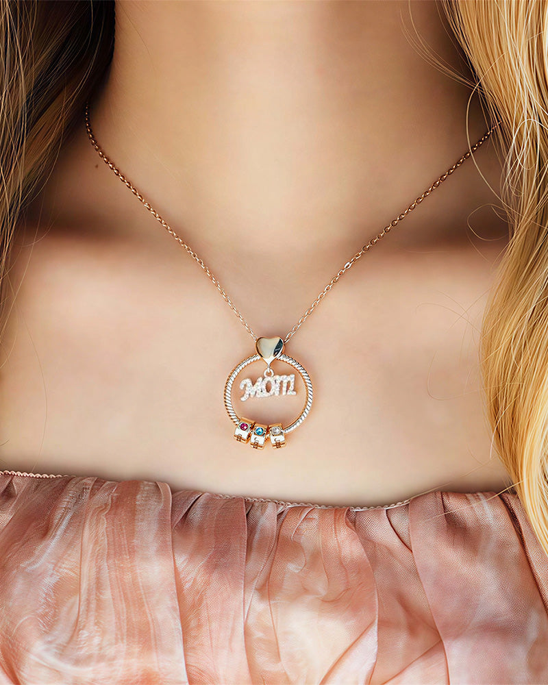 Curvvvy® Personalized 'MOM' Hoop Necklace with Custom Name Beads & Birthstones