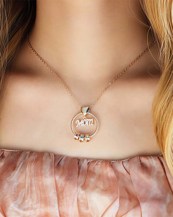 Curvvvy® Personalized 'MOM' Hoop Necklace with Custom Name Beads & Birthstones
