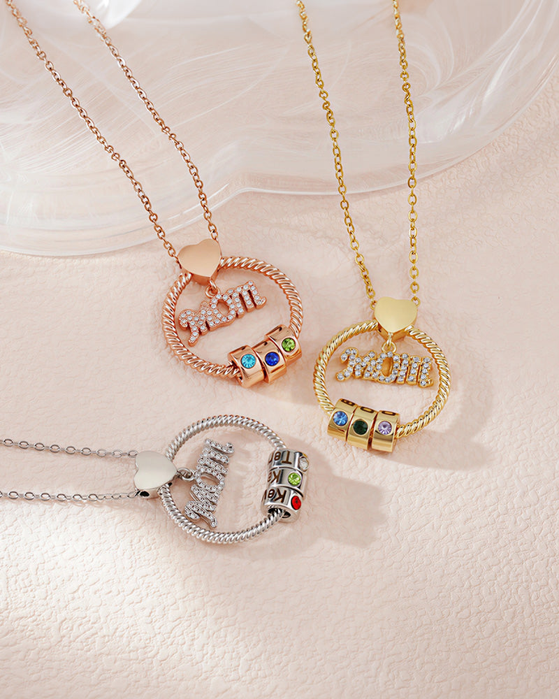 Curvvvy® Personalized 'MOM' Hoop Necklace with Custom Name Beads & Birthstones
