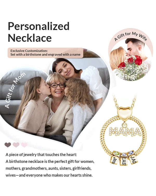 Curvvvy® Personalized 'MOM' Hoop Necklace with Custom Name Beads & Birthstones