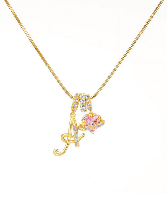 Curvvvy® Personalized Initial Necklace with Pink Heart Planet Pendant