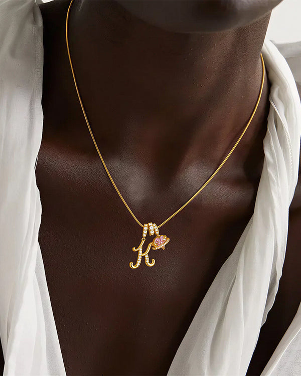 Curvvvy® Personalized Initial Necklace with Pink Heart Planet Pendant