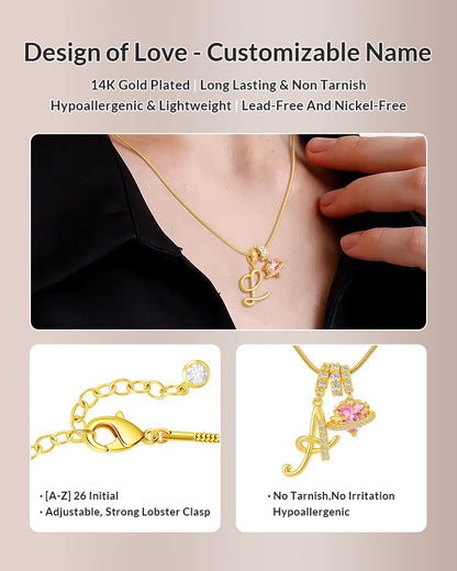 Curvvvy® Personalized Initial Necklace with Pink Heart Planet Pendant