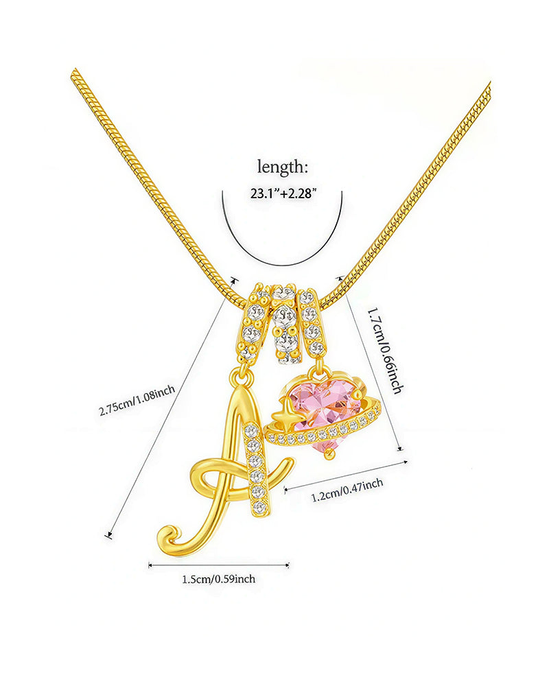 Curvvvy® Personalized Initial Necklace with Pink Heart Planet Pendant