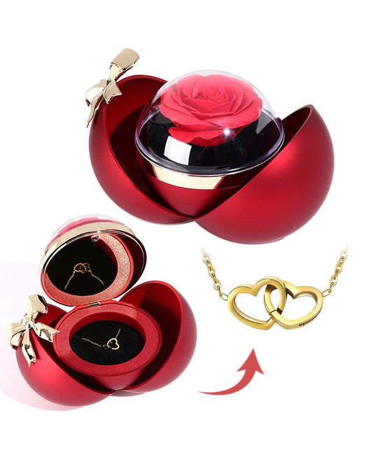 Curvvvy® Round Rose Box - With Engraved Double Heart Necklace