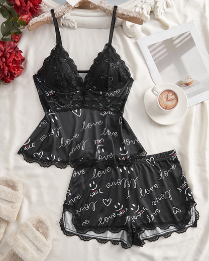 Curvvvy® BlossomLace – Lace-Trim Cami & Shorts Pajama Set